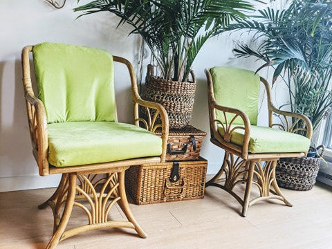 Vintage Rattan Swivel Arm Chair Lounge Retro Lime Green Cushion