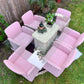 Funky 1980s Glass and marble table with 6 pink chiclet chairs.