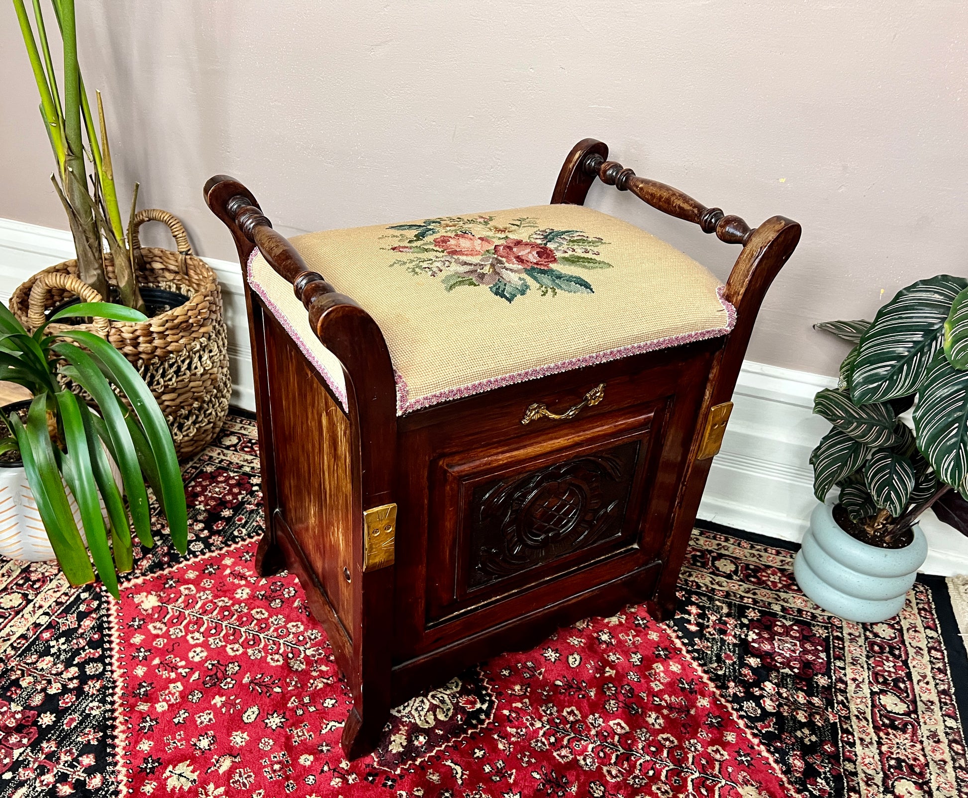 Antique Organ Piano Bench with needle point rose cushion with engraved door and storage for sheet music