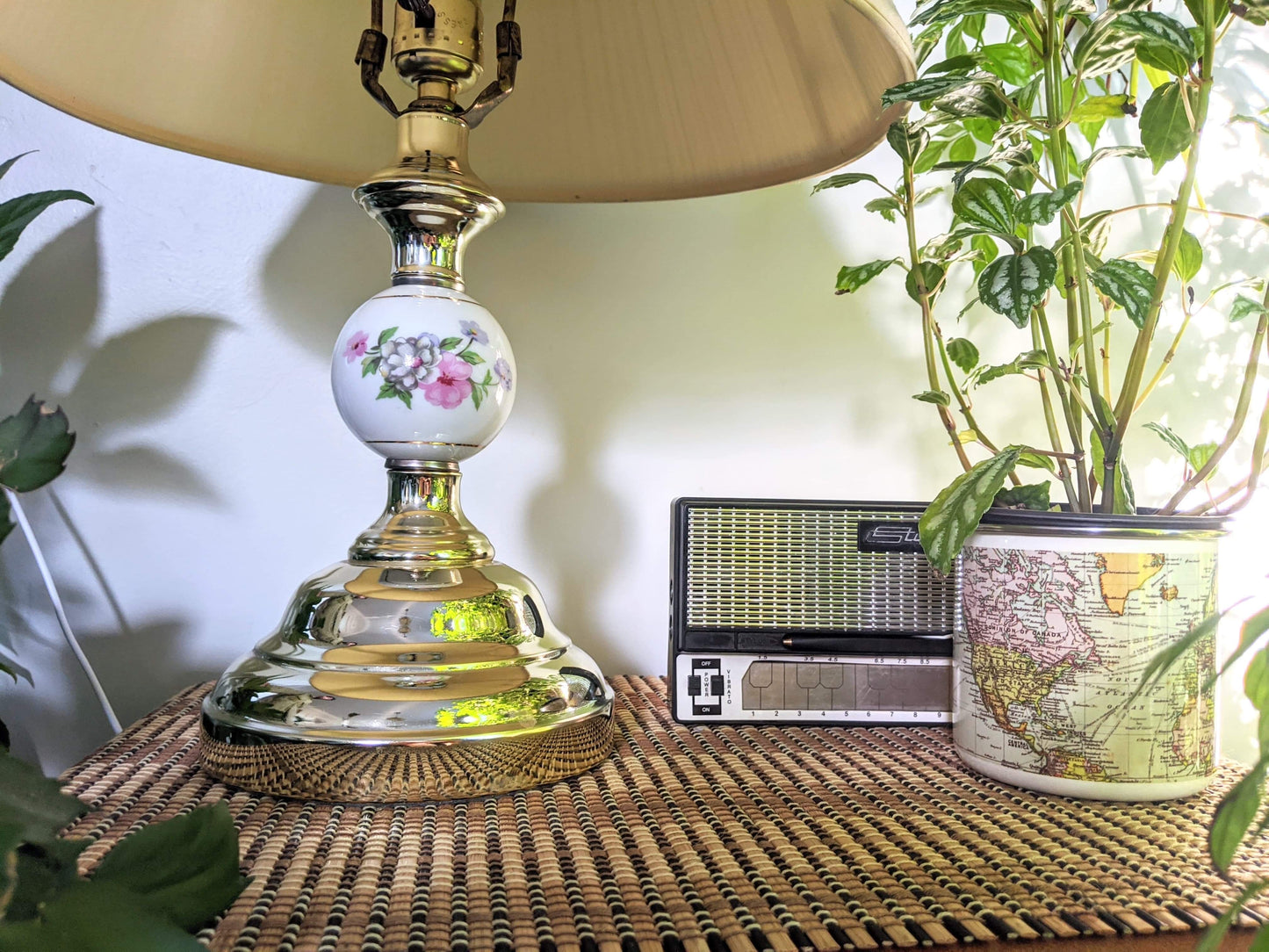 Vintage Retro Brass Lamp Floral Motif White Porcelain Victoria BC Secondhand thrift antique