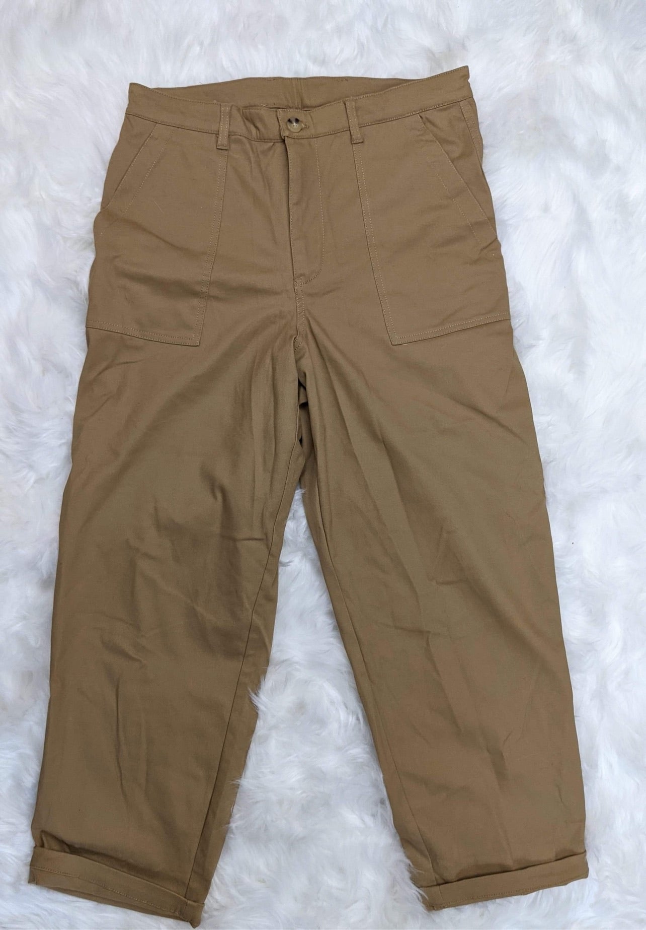 wide leg 1940s style mens pants fatigue style front patch pockets khaki colour