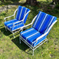 Midcentury 60s White Metal Patio Garden Chairs with blue and white striped upholstered cushions