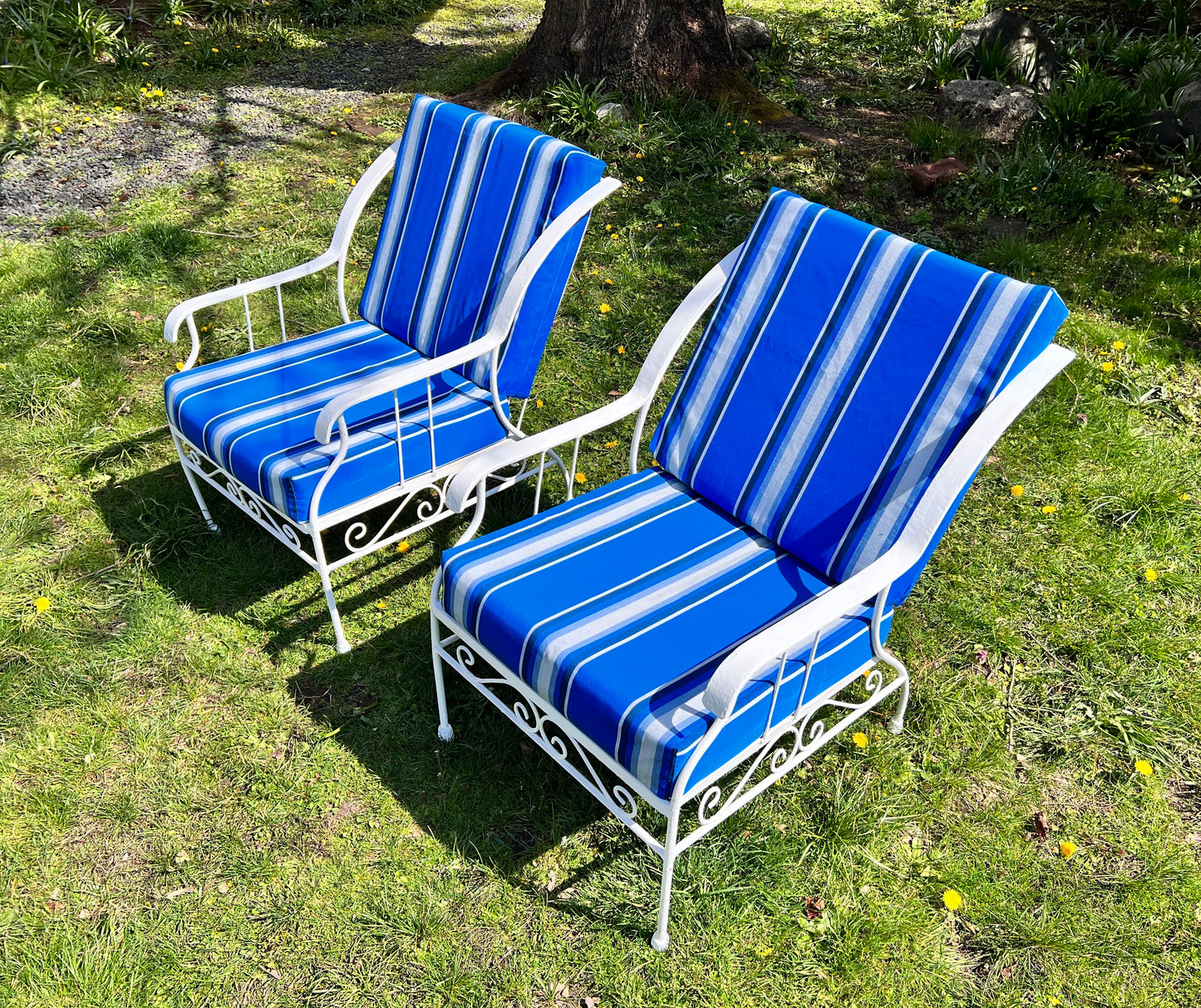 Midcentury 60s White Metal Patio Garden Chairs with blue and white striped upholstered cushions