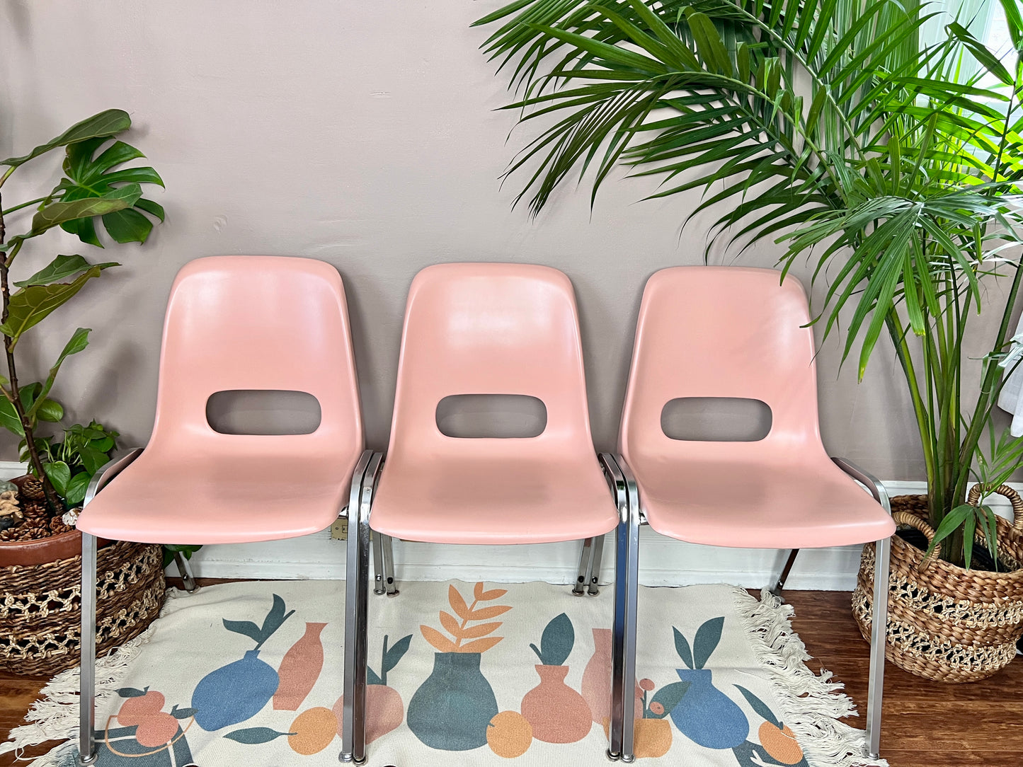 Vintage 60s Dusty Rose Pink Fibreglass Metal Frame Herman Miller Style Chairs
