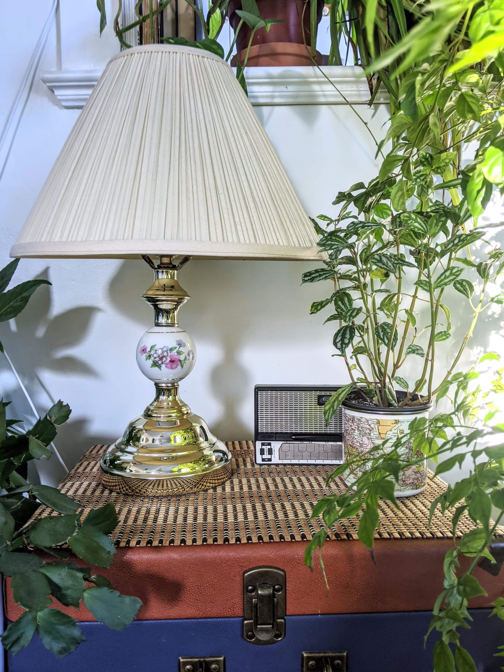 Vintage Retro Brass Lamp Floral Motif White Porcelain Victoria BC Secondhand thrift antique