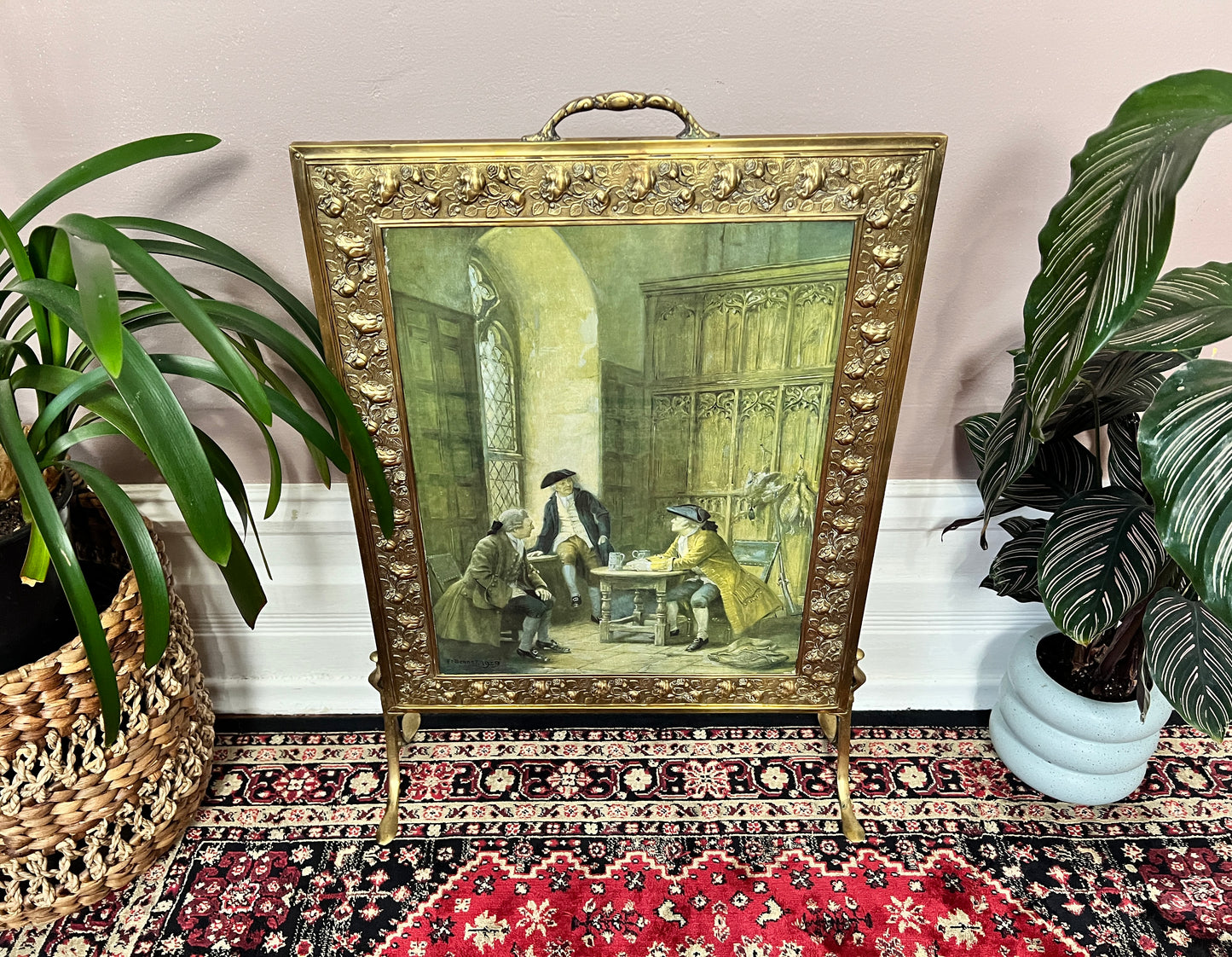 Antique Brass Draft Fireplace Screen With Painting Image of Three Men from the Revolutionary Era